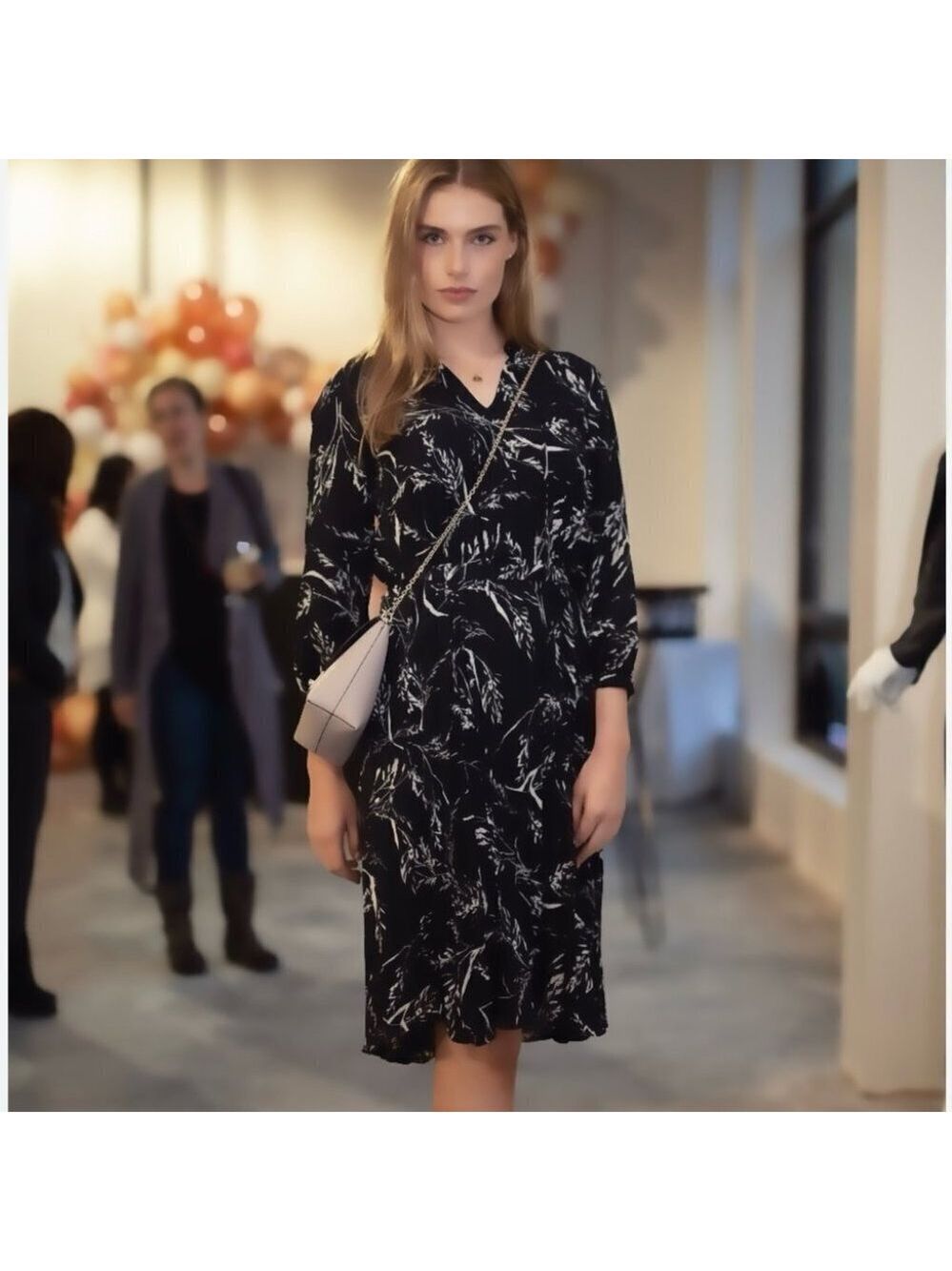 Minimum Black Fern Printed Long Sleeve V Neck Mini Dress Size S